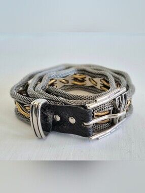 Nanni Milano Black Leather & Dual-Tone Silver & Gold Woven Mesh Women's Belt